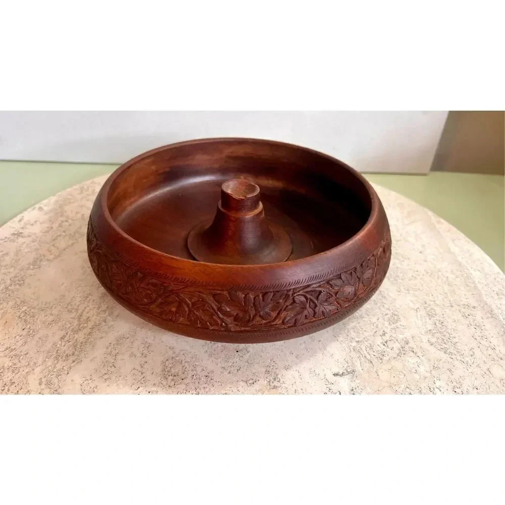 Handcrafted‎ Chestnut Round Solid Wood Nut Cracker Bowl Without Hammer One Size